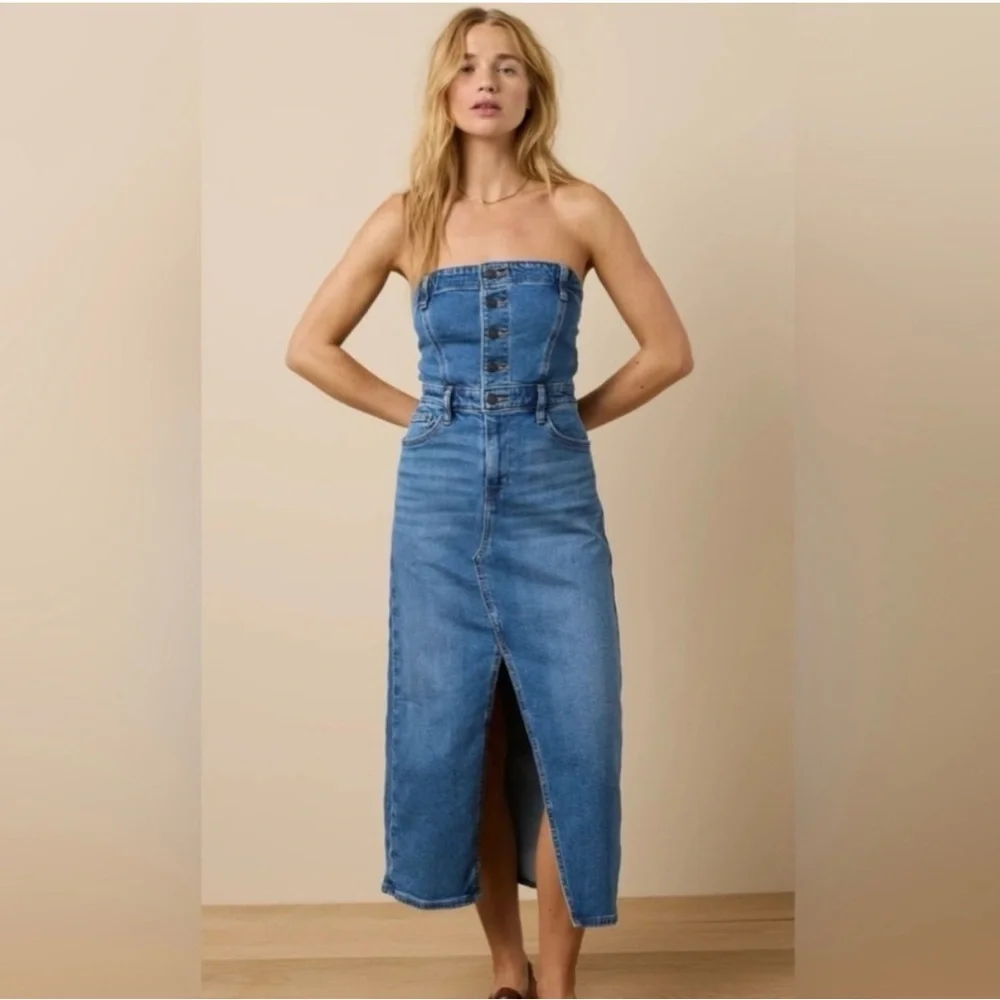 AMERICAN EAGLE OUTFITTERS Denim Strapless Tube Midi Dress Size 14 - Picture 3 of 11